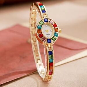 Colorful Gemstone Luxury Stainless Steel Gold-Tone Quartz Watch